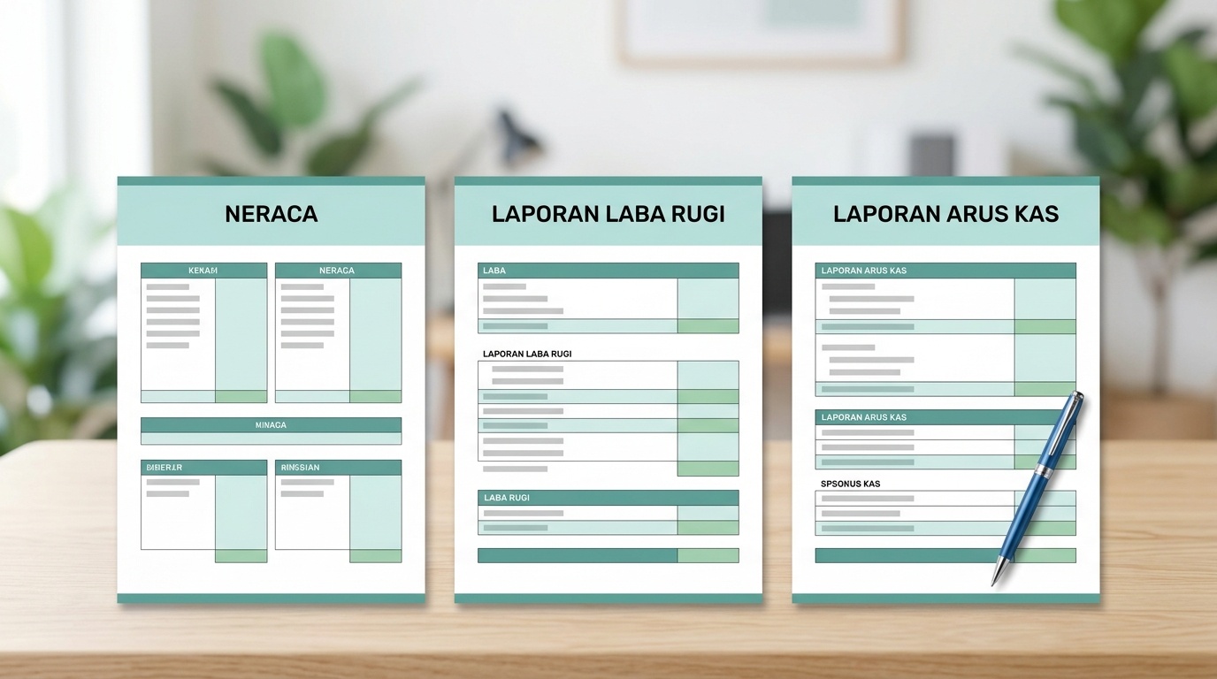 Ilustrasi tiga laporan keuangan utama dalam bentuk dokumen sederhana