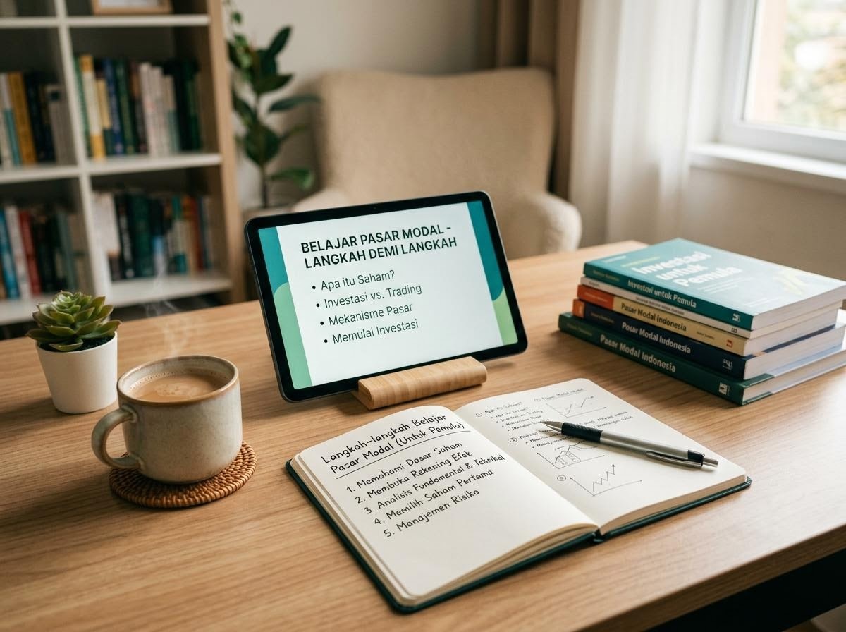 Suasana belajar santai dengan buku catatan dan layar berisi materi dasar pasar modal